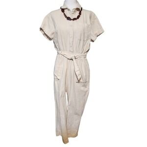 Baltic Born Womens Beige Cotton Short-Sleeve Belted Jumpsuit M